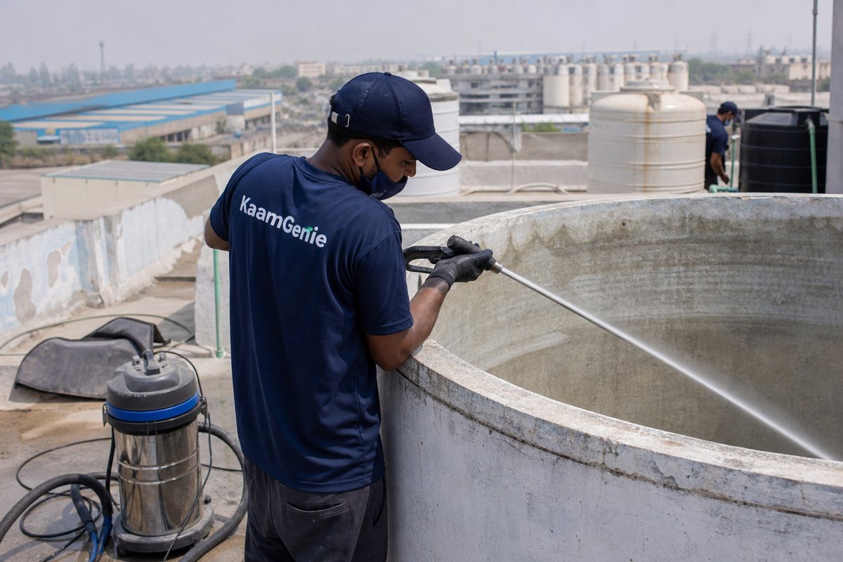 KaamGenie crew cleaning a overhead (rooftop) tank in Mandoli Saboli, Delhi