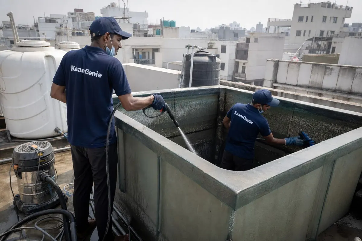 KaamGenie crew cleaning a overhead (rooftop) tank in Mansarovar Garden, Delhi