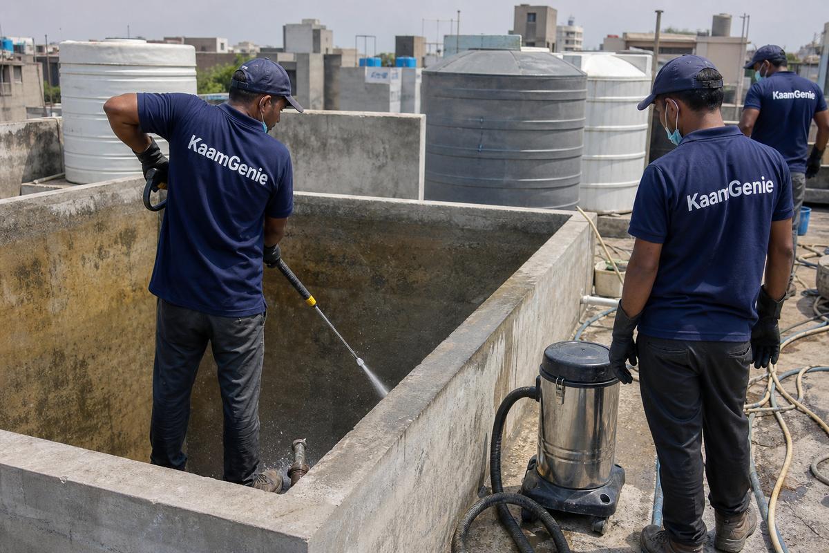 KaamGenie crew cleaning a overhead (rooftop) tank in Masjid Moth, Delhi