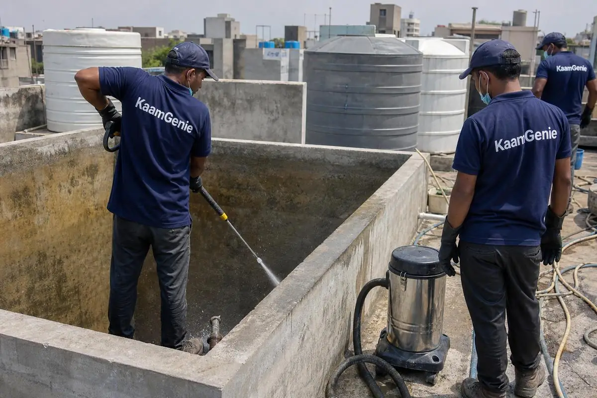 KaamGenie crew cleaning a overhead (rooftop) tank in Masjid Moth, Delhi