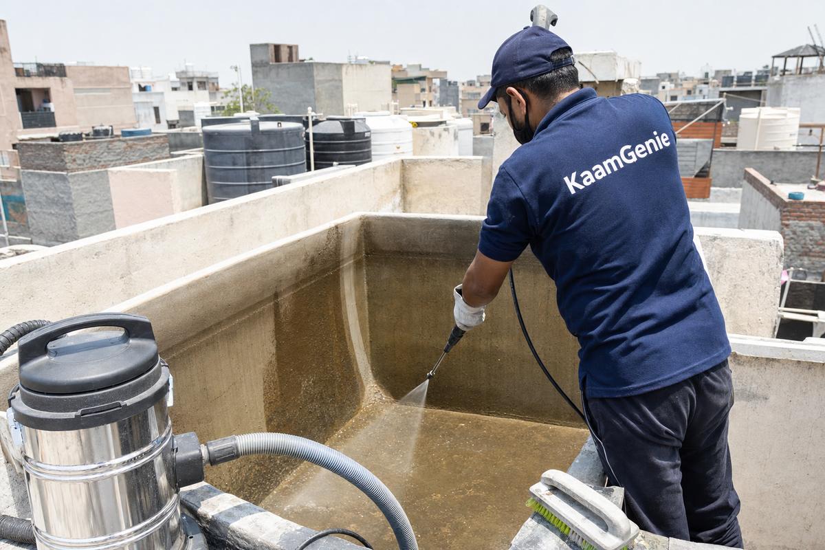 KaamGenie crew cleaning a overhead (rooftop) tank in Masudpur, Delhi