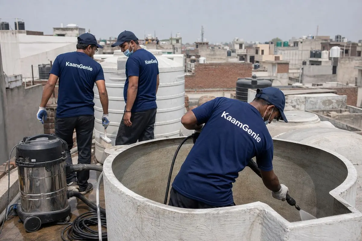 KaamGenie crew cleaning a overhead (rooftop) tank in Matiala, Delhi