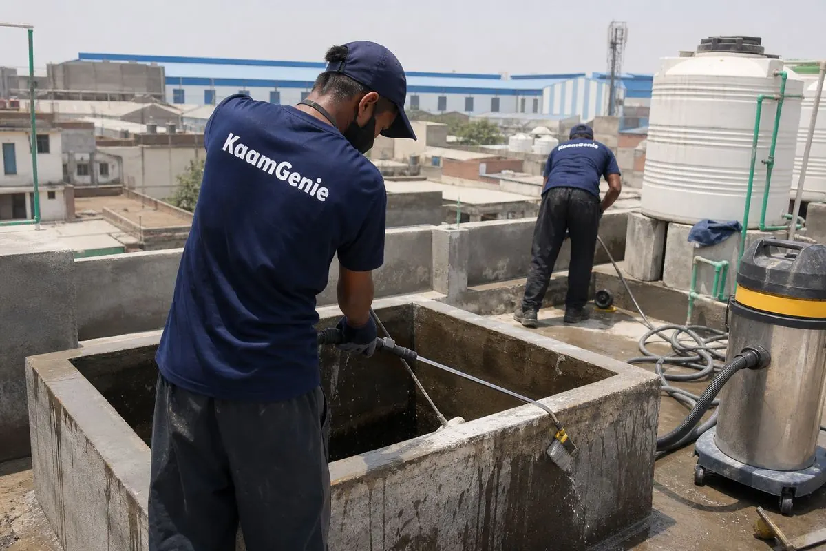 KaamGenie crew cleaning a overhead (rooftop) tank in Mayapuri, Delhi