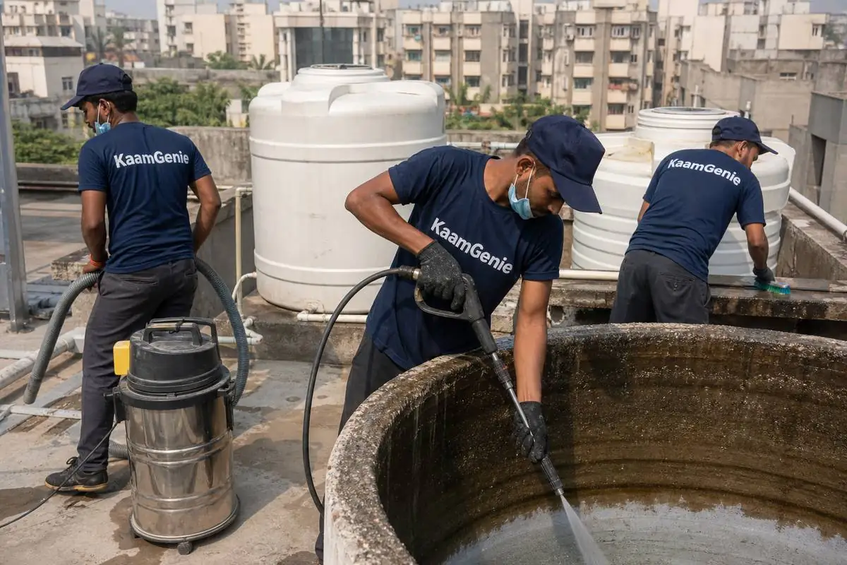 KaamGenie crew cleaning a overhead (rooftop) tank in Mayur Vihar Phase 2, Delhi