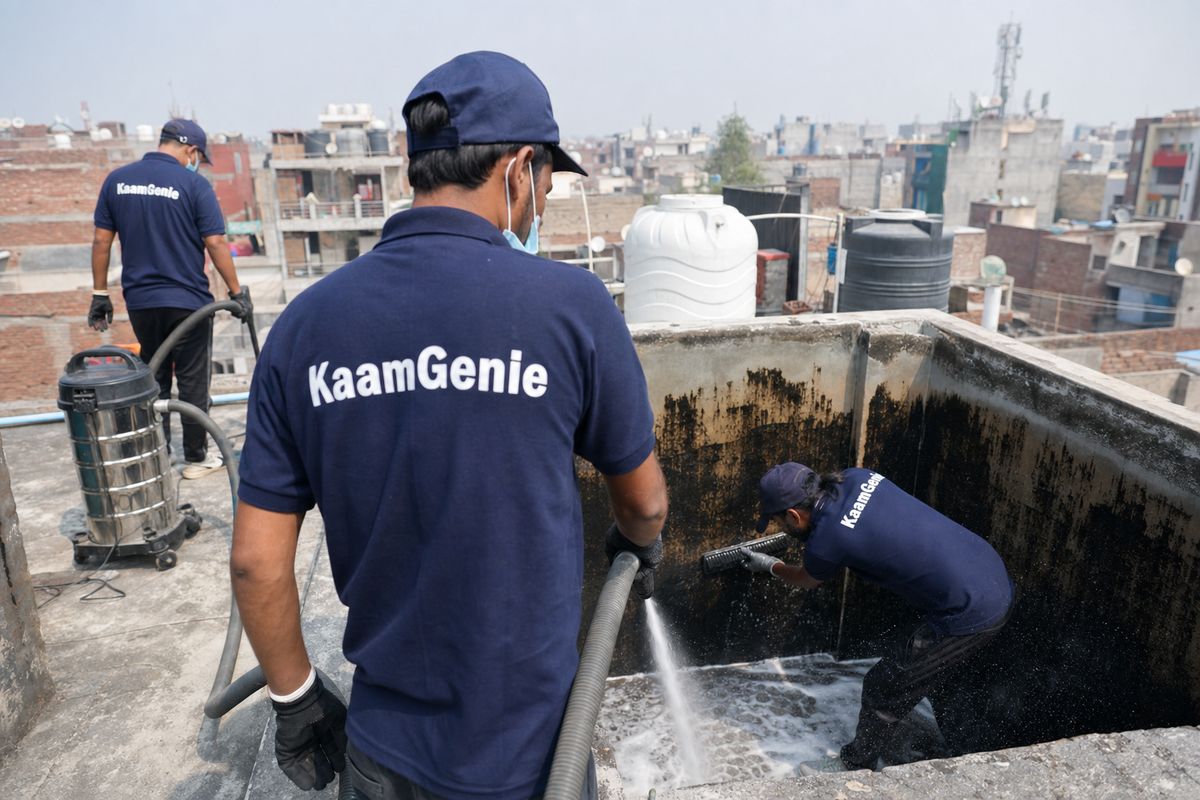 KaamGenie crew cleaning a overhead (rooftop) tank in Meethapur, Delhi