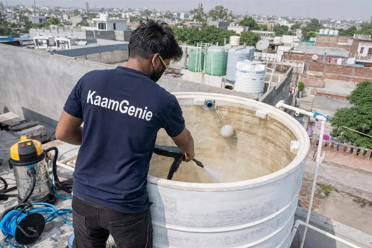 KaamGenie crew cleaning a overhead (rooftop) tank in Mehrauli, Delhi