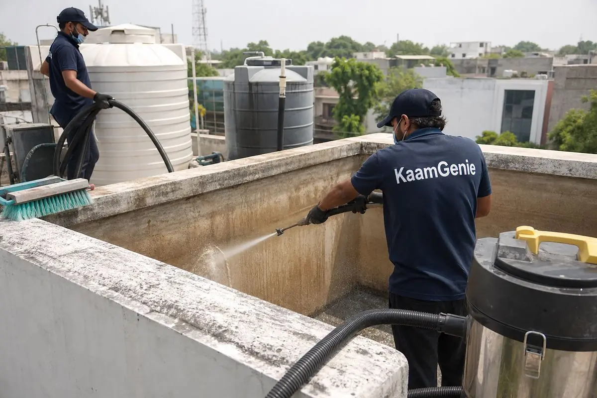 KaamGenie crew cleaning a overhead (rooftop) tank in Model Town, Delhi