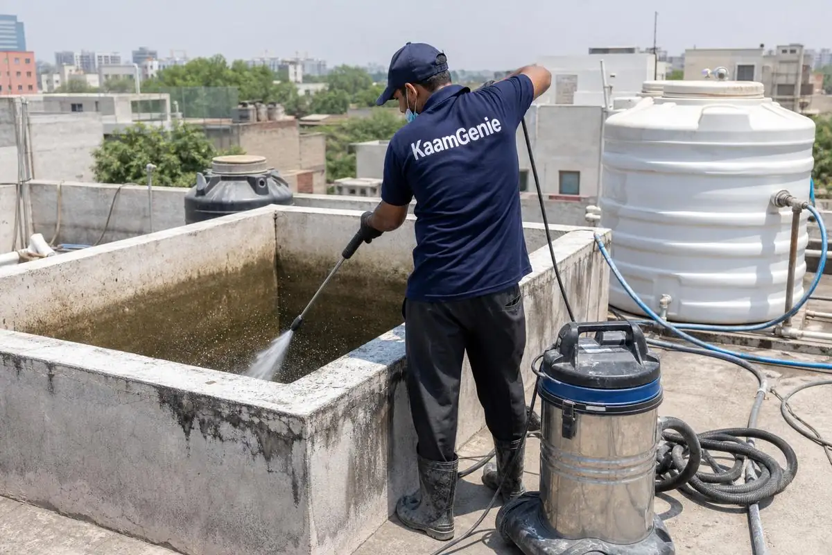 KaamGenie crew cleaning a overhead (rooftop) tank in Mohammadpur, Delhi