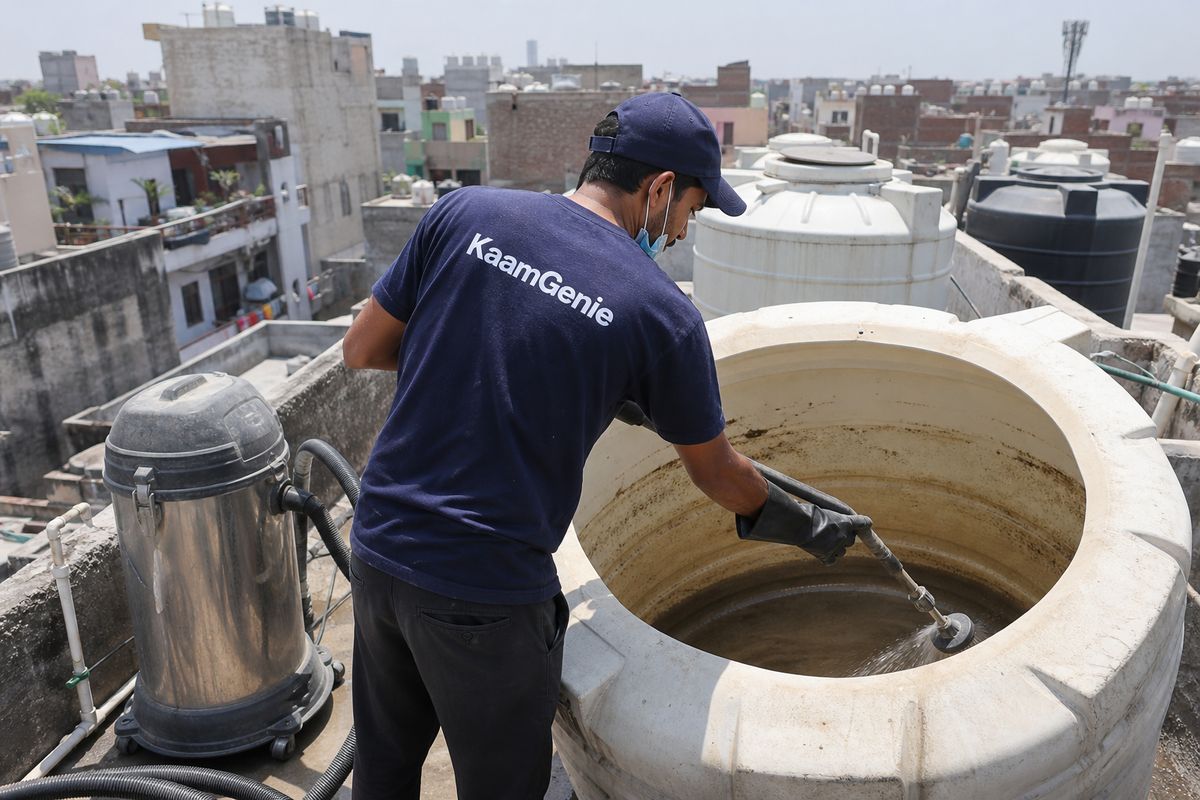 KaamGenie crew cleaning a overhead (rooftop) tank in Mohan Garden, Delhi