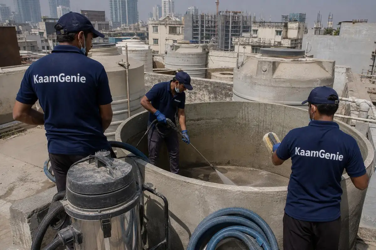 KaamGenie crew cleaning a overhead (rooftop) tank in Moti Nagar, Delhi