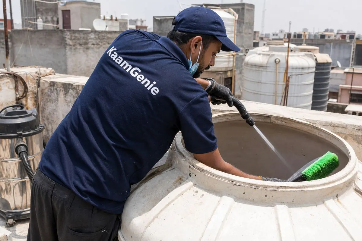 KaamGenie crew cleaning a overhead (rooftop) tank in Mujeeb Bagh, Delhi