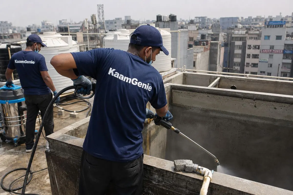 KaamGenie crew cleaning a overhead (rooftop) tank in Mukherjee Nagar, Delhi
