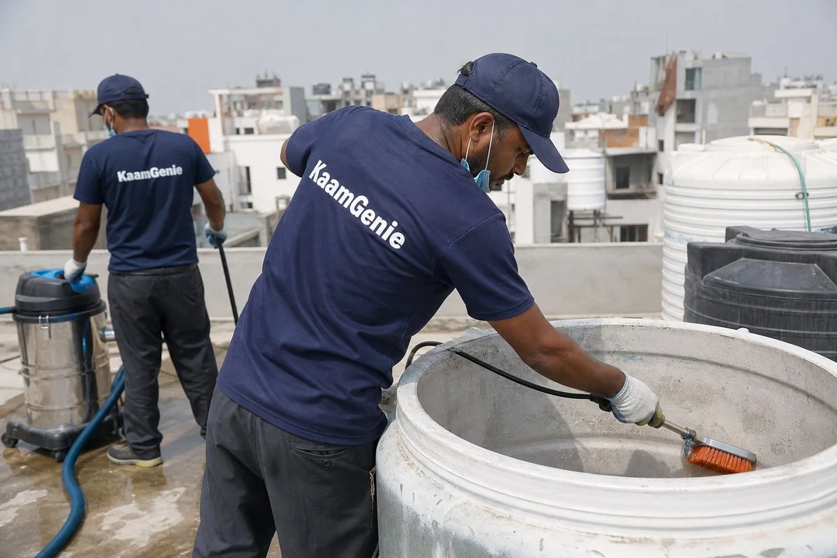 KaamGenie crew cleaning a overhead (rooftop) tank in Mukundpur, Delhi