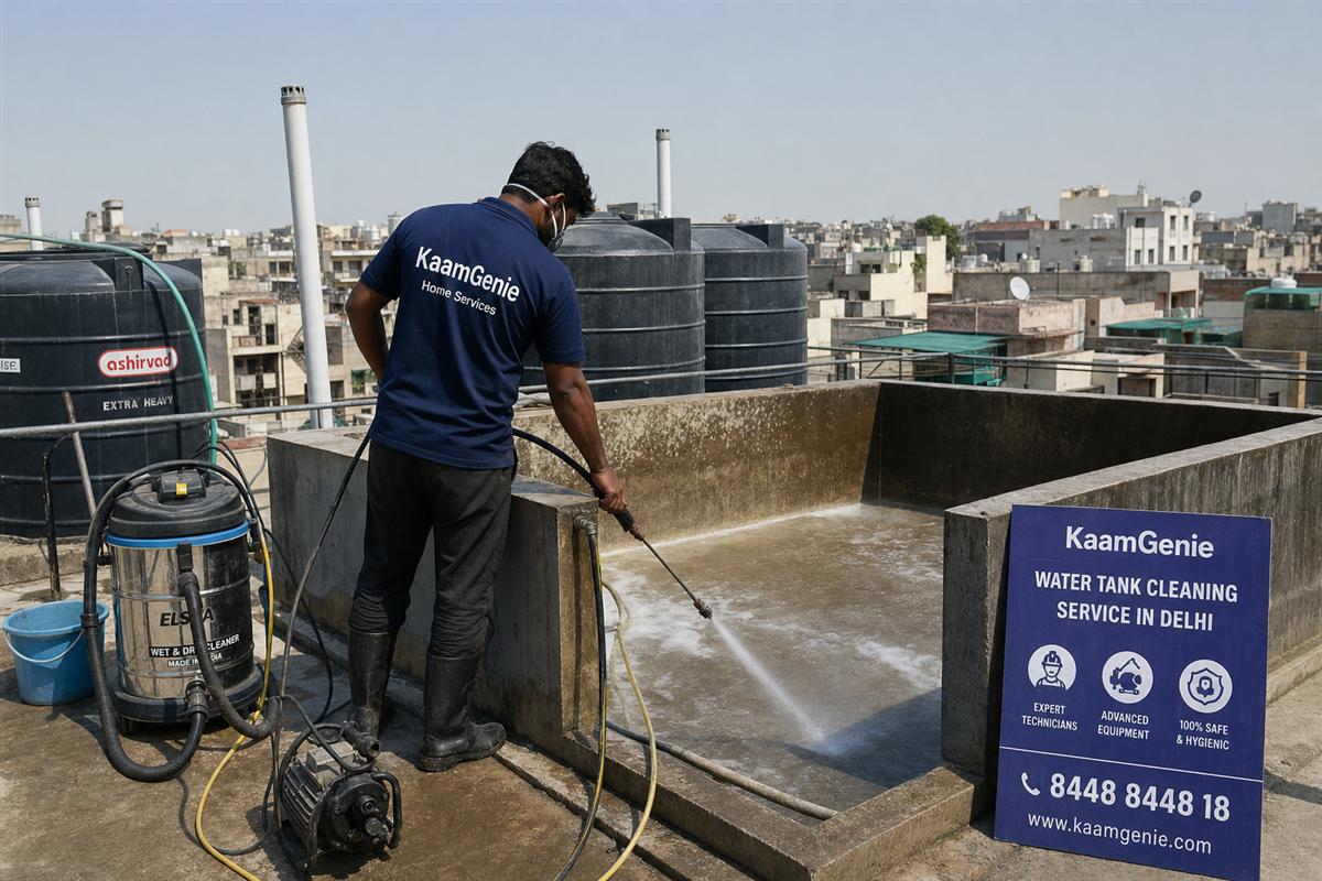 KaamGenie crew cleaning a overhead (rooftop) tank in Munirka, Delhi