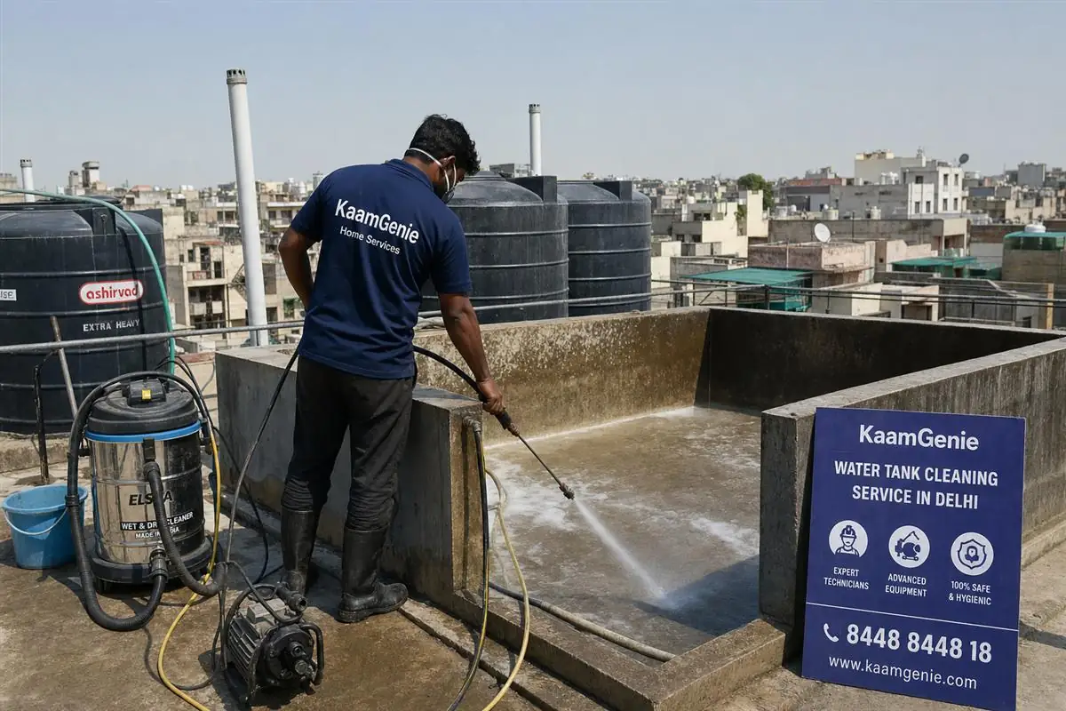 KaamGenie crew cleaning a overhead (rooftop) tank in Munirka, Delhi