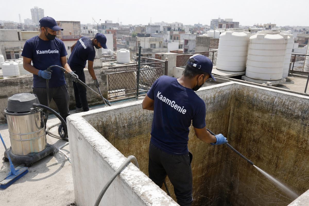 KaamGenie crew cleaning a overhead (rooftop) tank in Nand Nagri (A Block), Delhi