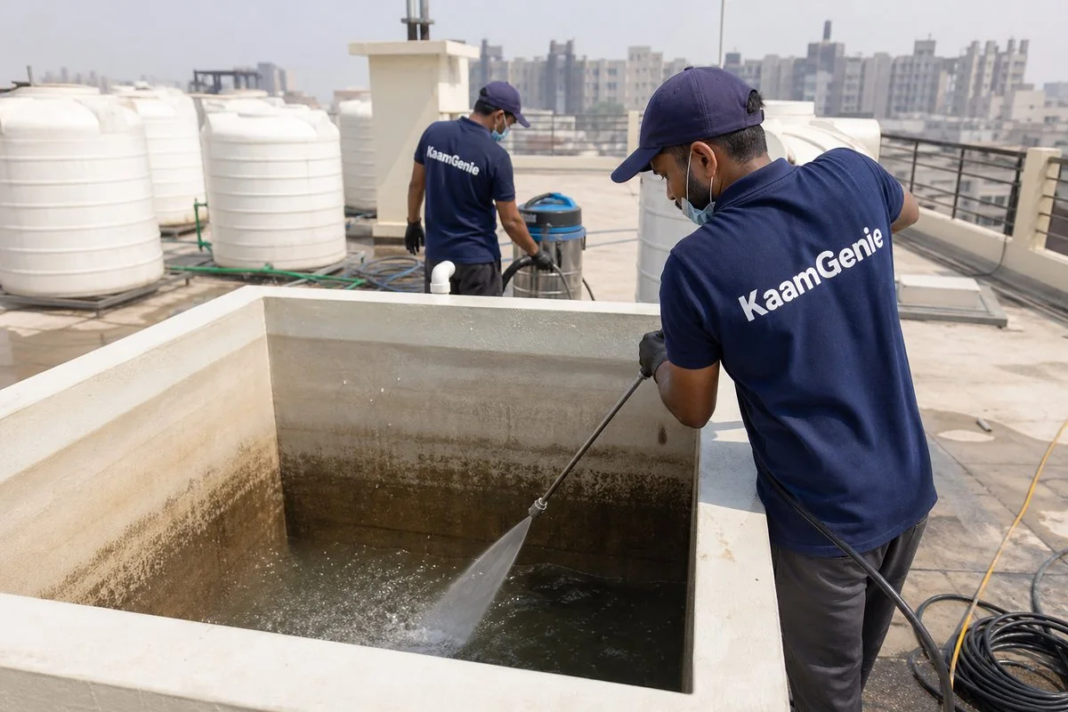 KaamGenie crew cleaning a overhead (rooftop) tank in Narela, Delhi