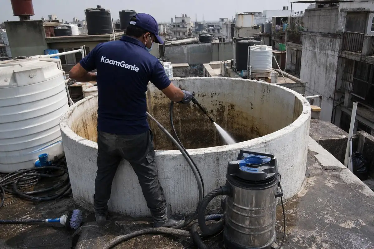 KaamGenie crew cleaning a overhead (rooftop) tank in Naya Bans (Sadar Bazar), Delhi