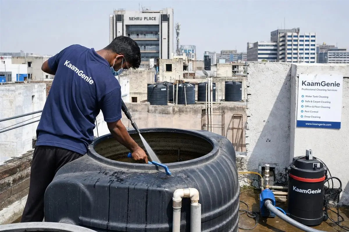 KaamGenie crew cleaning a overhead (rooftop) tank in Nehru Place, Delhi