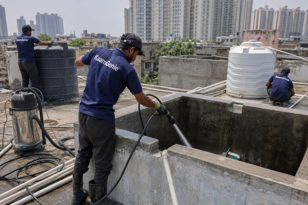 KaamGenie crew cleaning a overhead (rooftop) tank in Netaji Nagar, Delhi