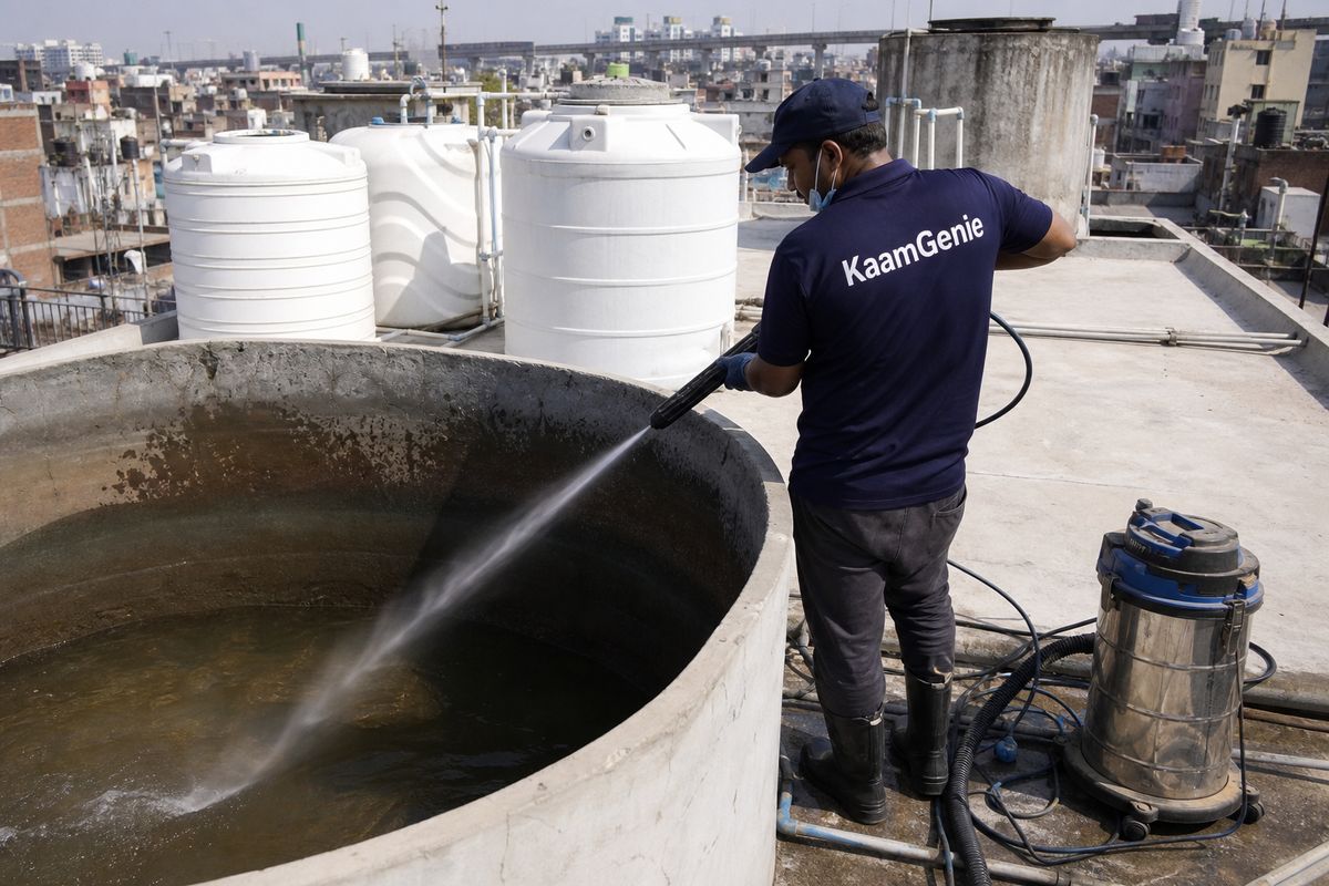 KaamGenie crew cleaning a overhead (rooftop) tank in New Ashok Nagar, Delhi