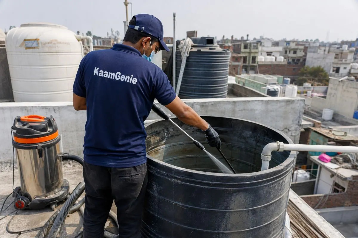 KaamGenie crew cleaning a overhead (rooftop) tank in New Usmanpur, Delhi