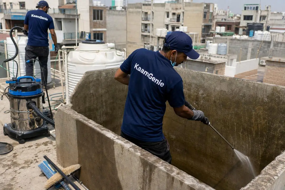 KaamGenie crew cleaning a overhead (rooftop) tank in Nimri Colony (Ashok Vihar), Delhi
