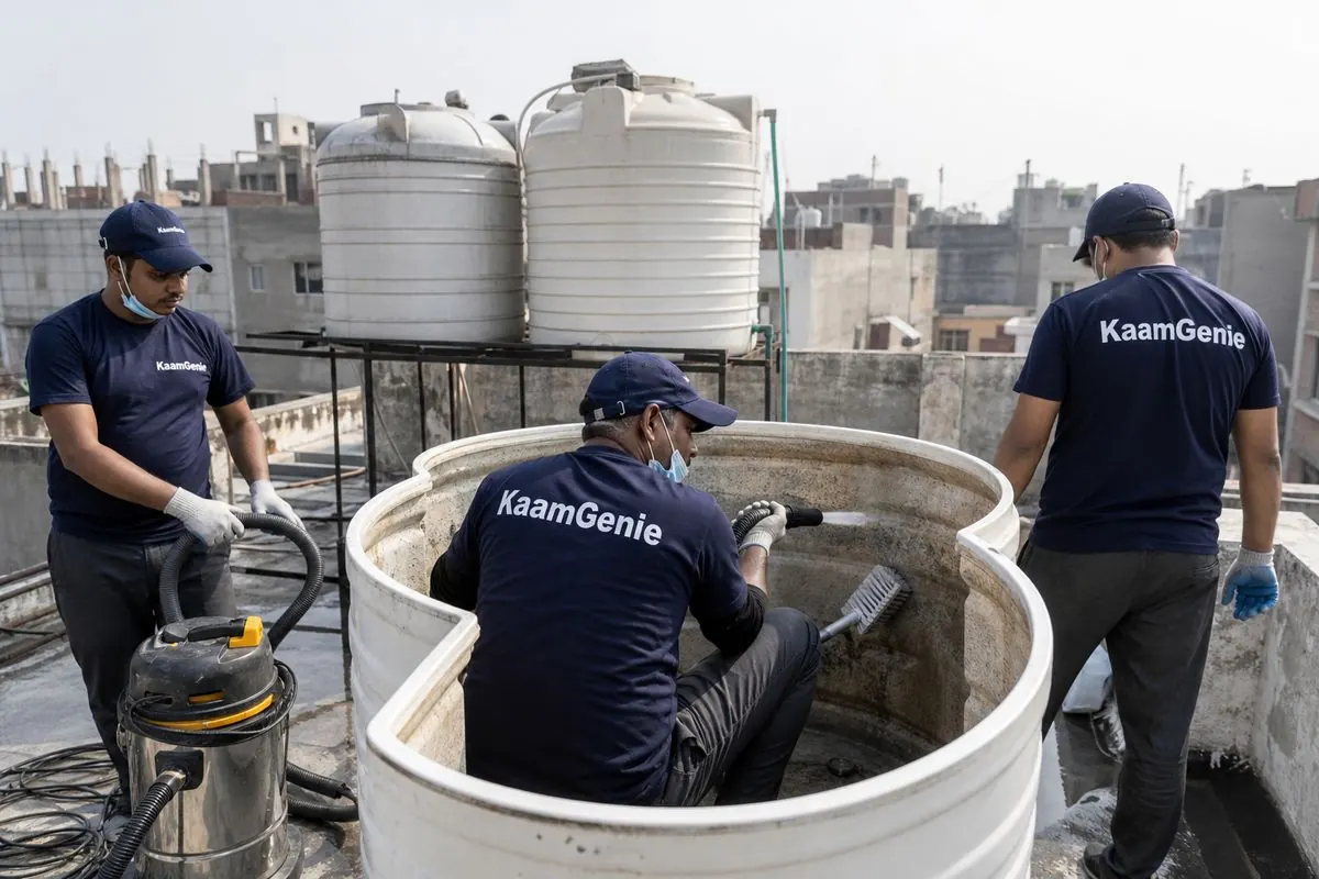 KaamGenie crew cleaning a overhead (rooftop) tank in Noor Nagar, Delhi