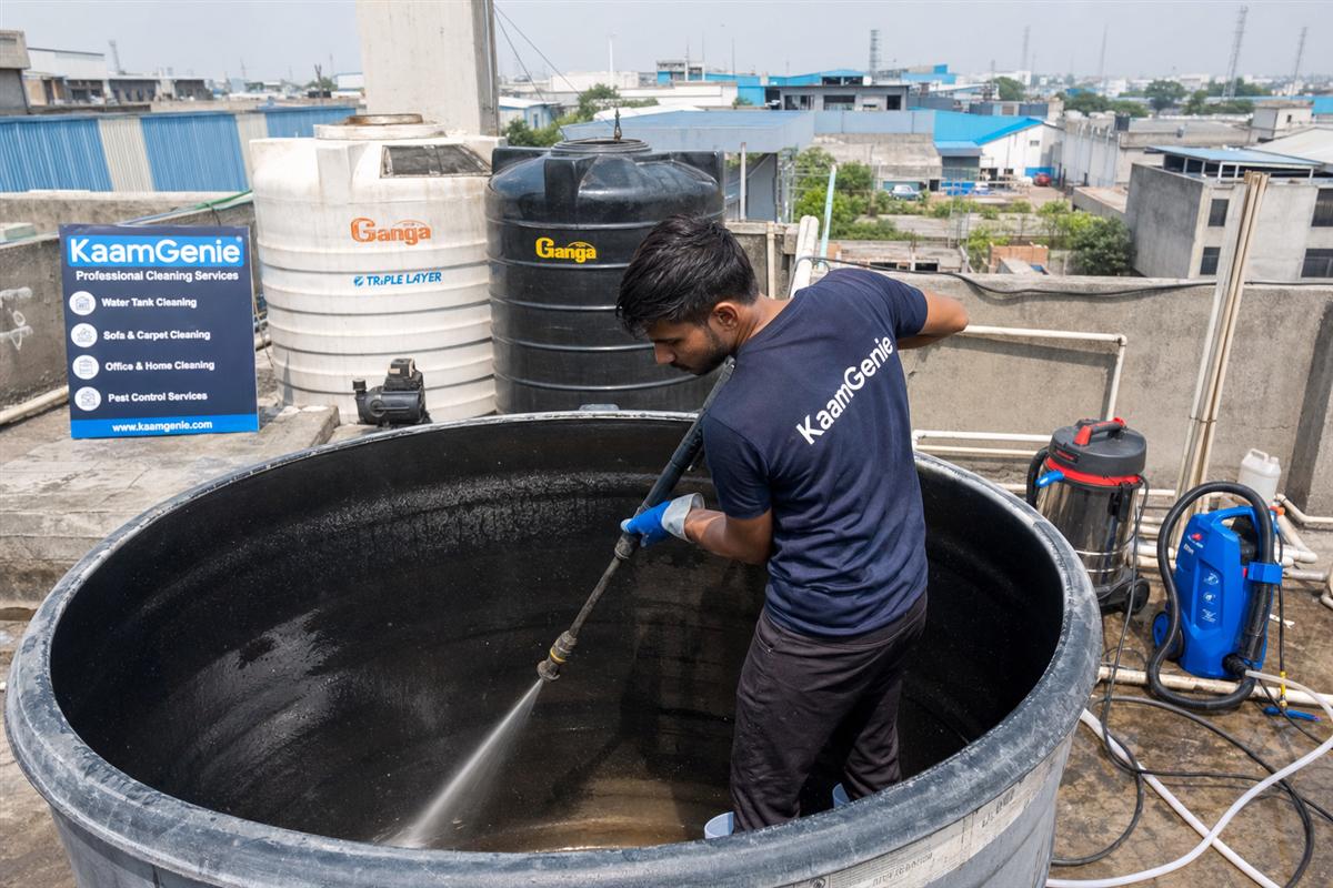 KaamGenie crew cleaning a overhead (rooftop) tank in Okhla Phase 1, Delhi