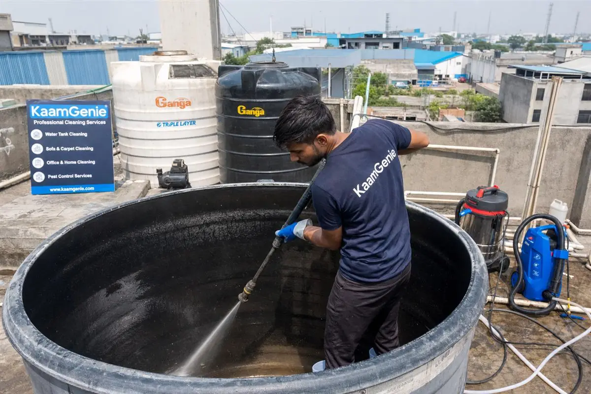 KaamGenie crew cleaning a overhead (rooftop) tank in Okhla Phase 1, Delhi