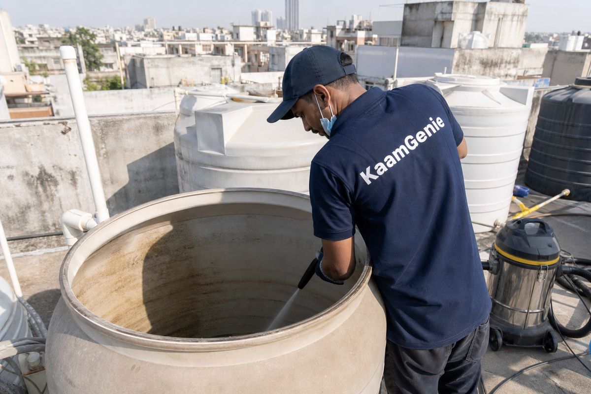 KaamGenie crew cleaning a overhead (rooftop) tank in Okhla Vihar, Delhi