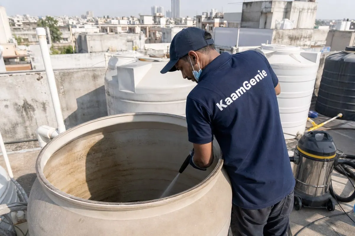 KaamGenie crew cleaning a overhead (rooftop) tank in Okhla Vihar, Delhi