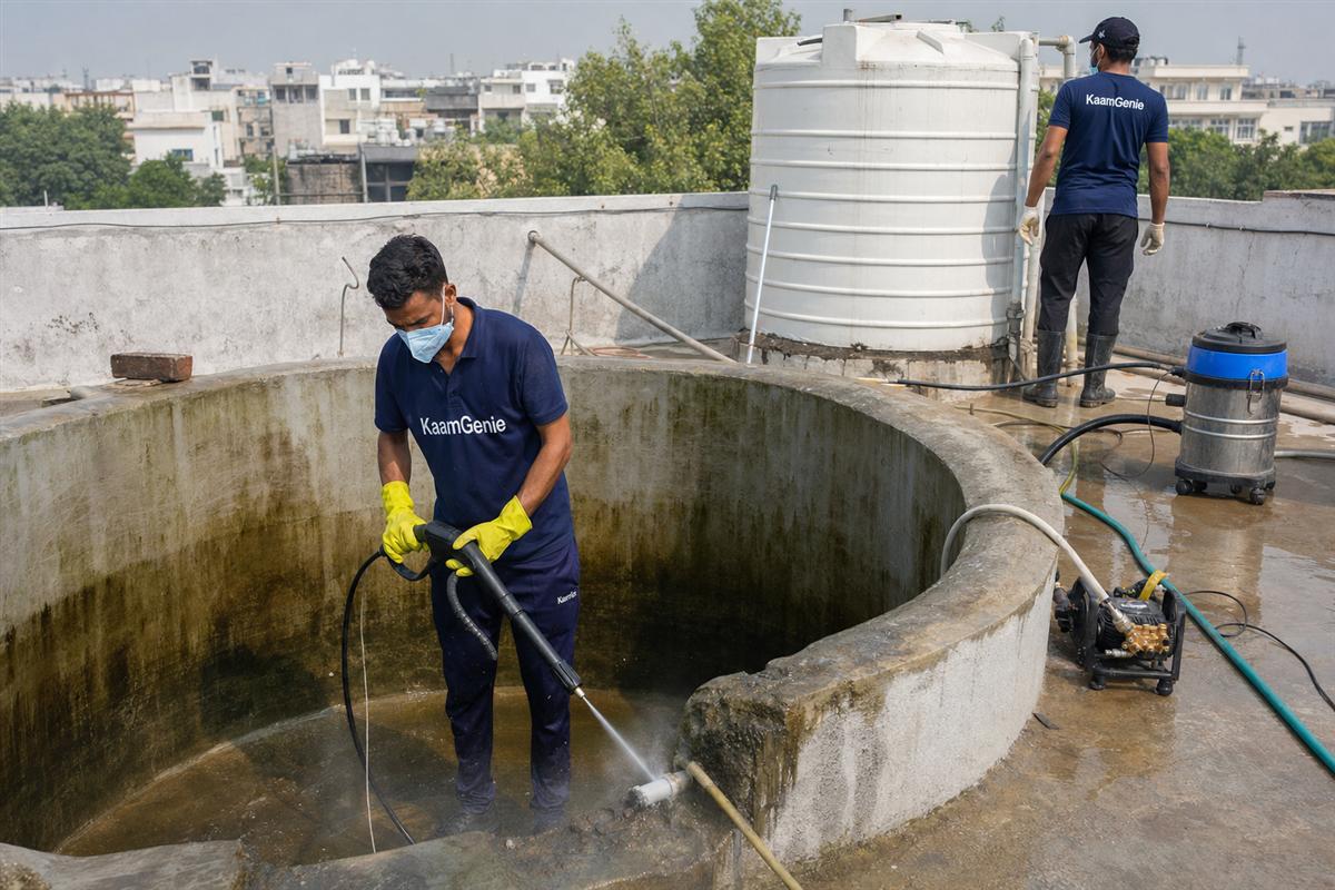 KaamGenie crew cleaning a overhead (rooftop) tank in Panchsheel Enclave, Delhi