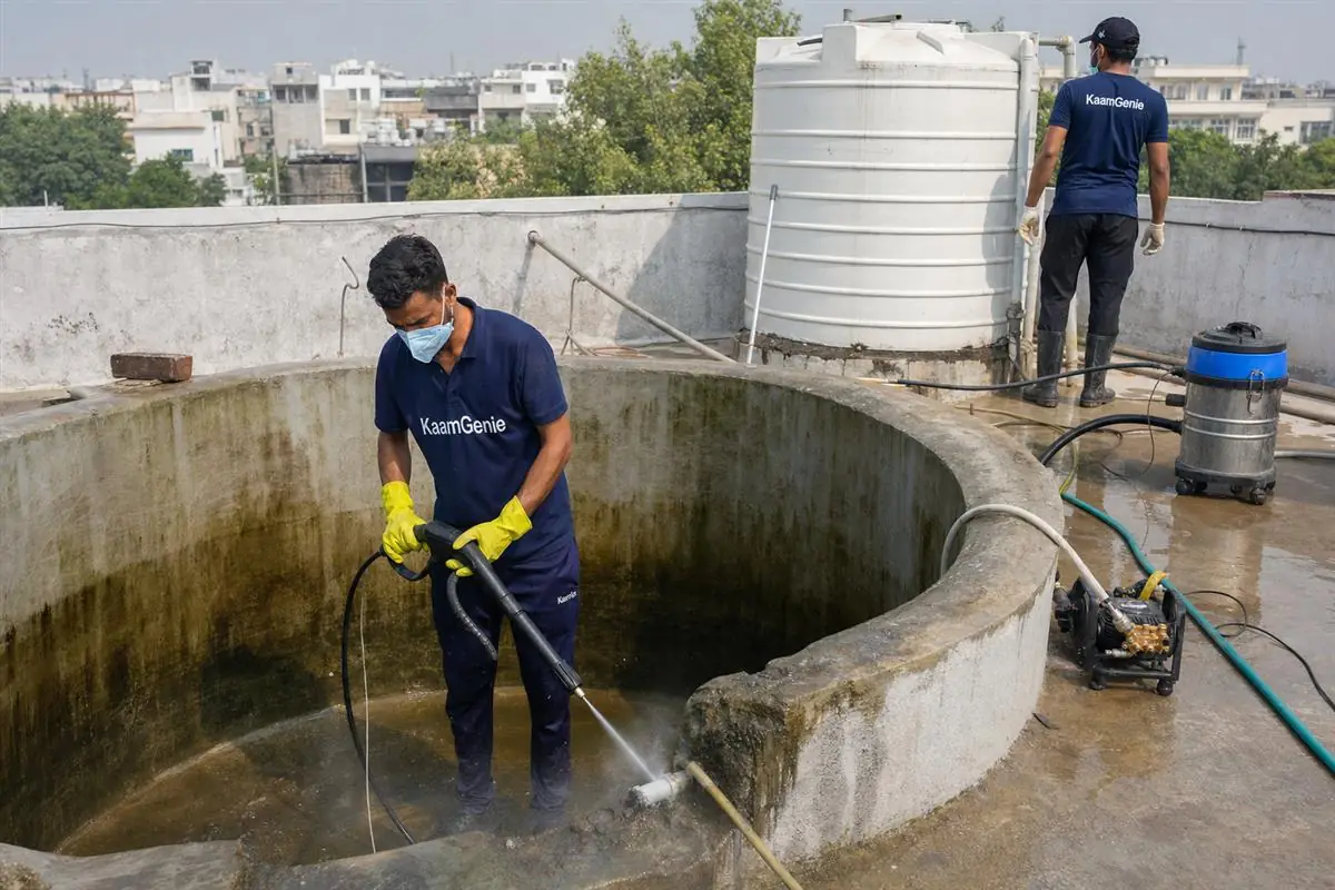 KaamGenie crew cleaning a overhead (rooftop) tank in Panchsheel Enclave, Delhi