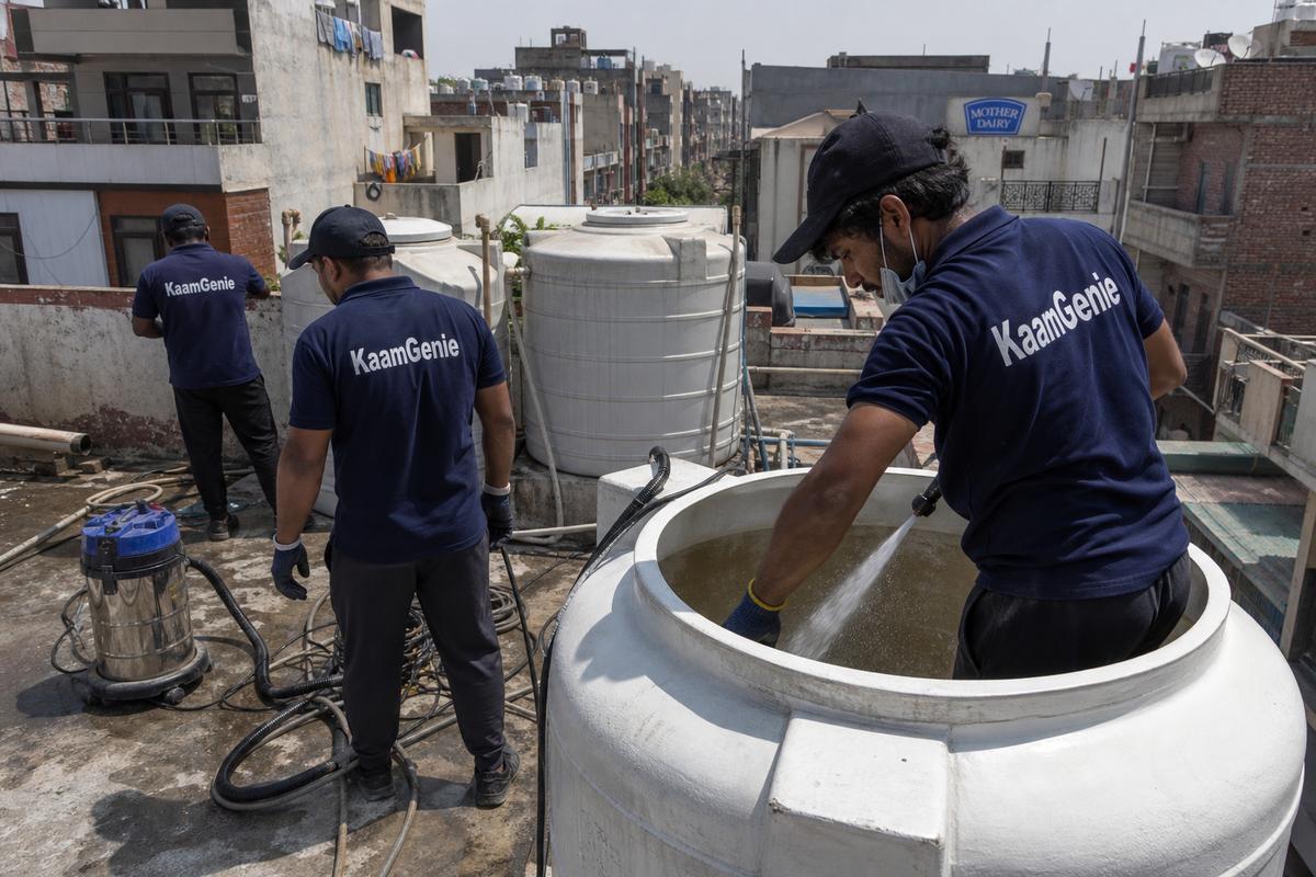 KaamGenie crew cleaning a overhead (rooftop) tank in Pandav Nagar, Delhi