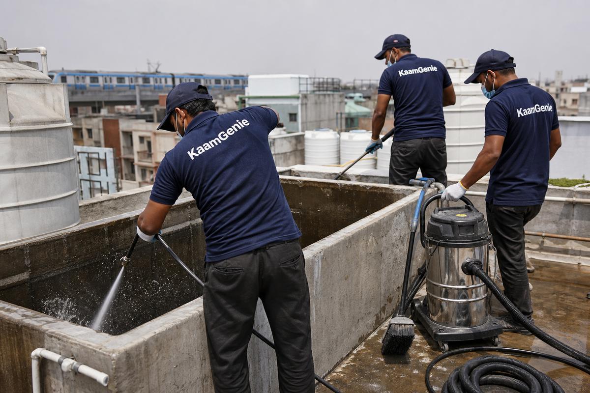 KaamGenie crew cleaning a overhead (rooftop) tank in Patel Nagar, Delhi