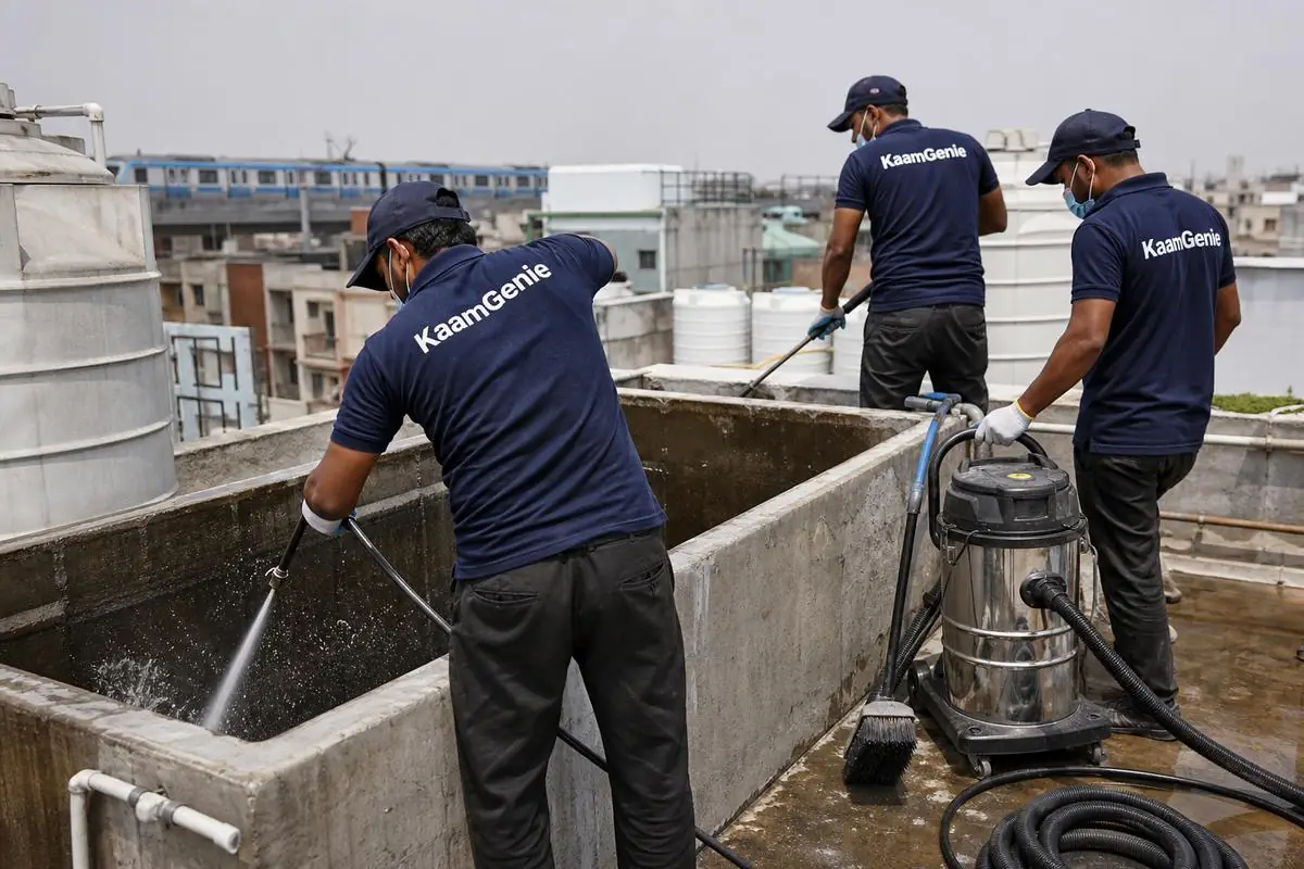 KaamGenie crew cleaning a overhead (rooftop) tank in Patel Nagar, Delhi