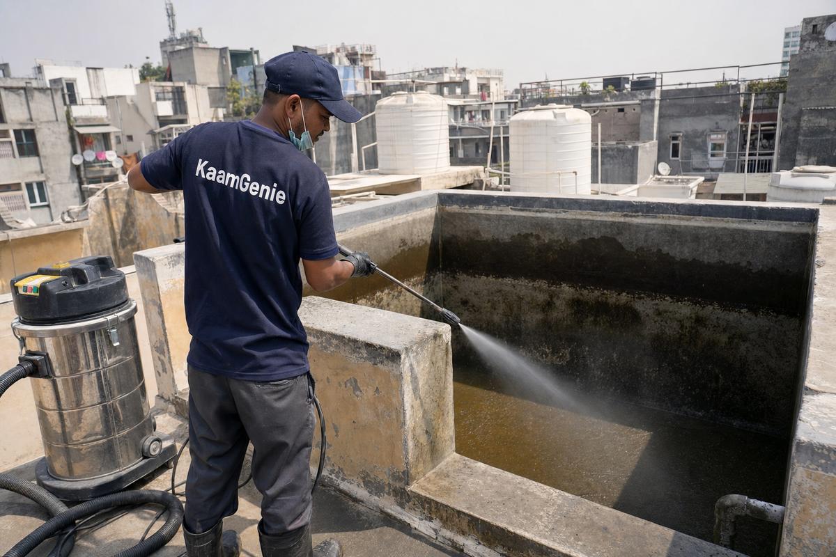 KaamGenie crew cleaning a overhead (rooftop) tank in Pragati Vihar, Delhi