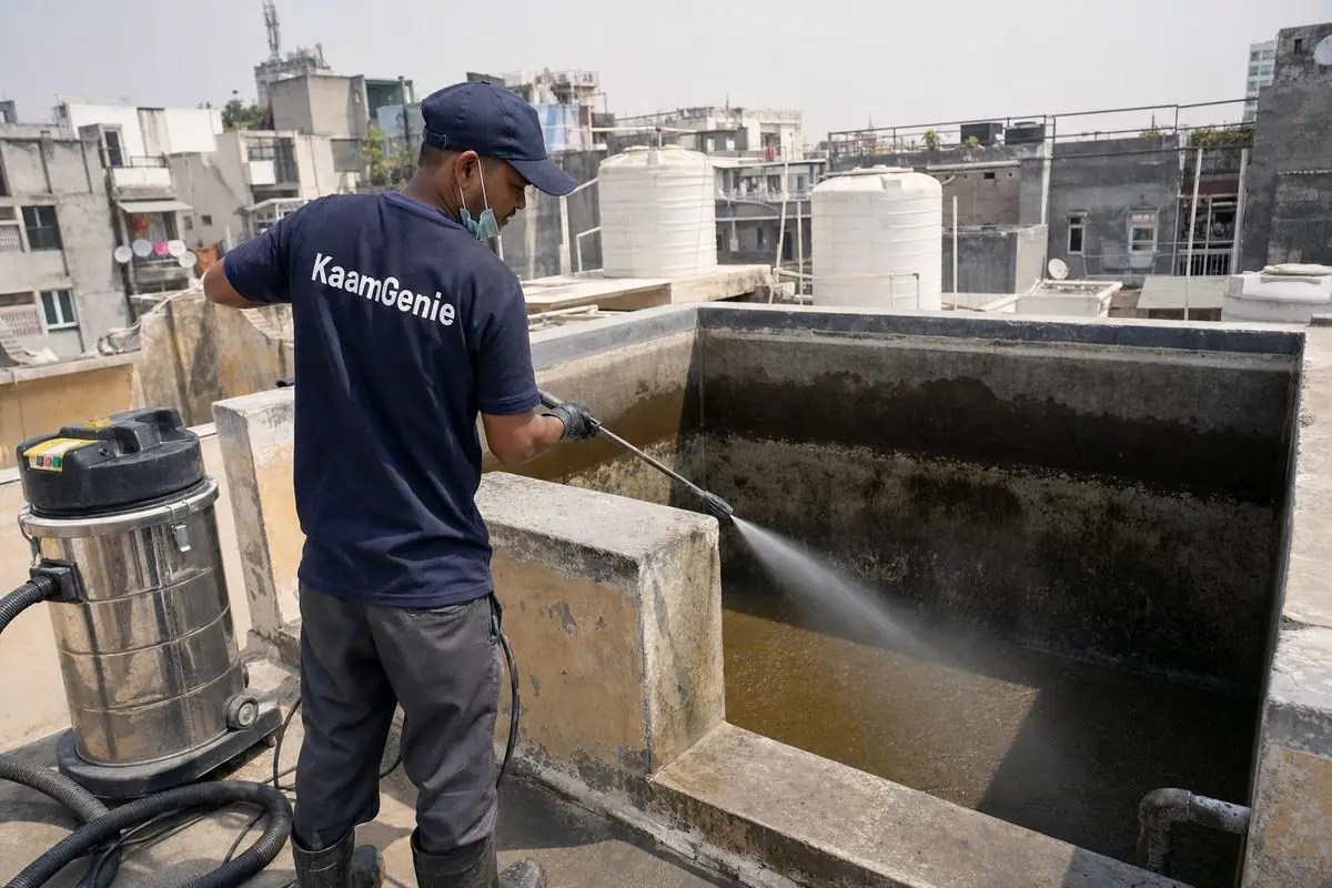 KaamGenie crew cleaning a overhead (rooftop) tank in Pragati Vihar, Delhi