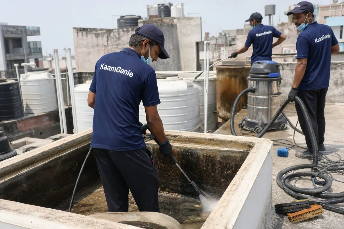 KaamGenie crew cleaning a overhead (rooftop) tank in Prem Nagar (Kishan Ganj/Tri Nagar side), Delhi