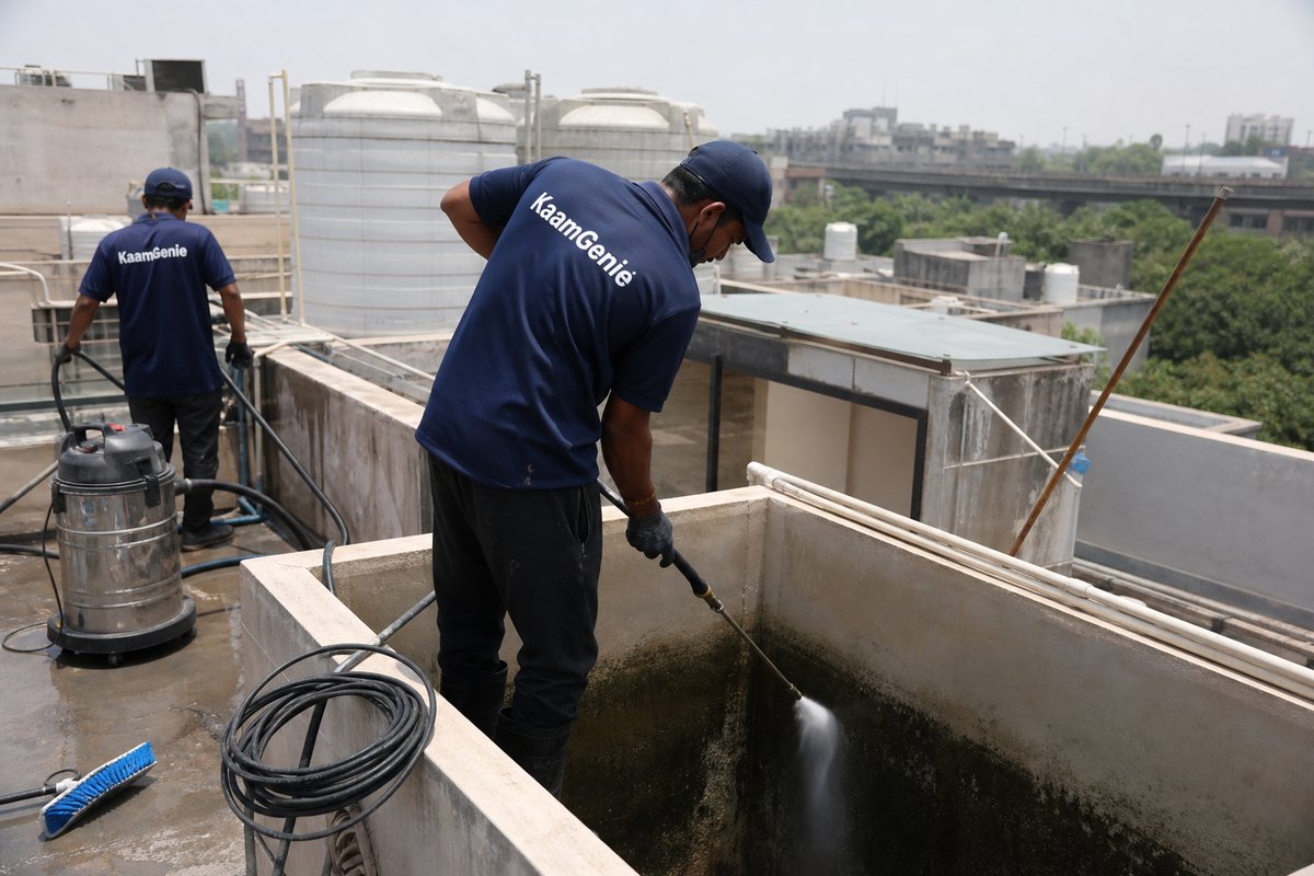 KaamGenie crew cleaning a overhead (rooftop) tank in Punjabi Bagh, Delhi