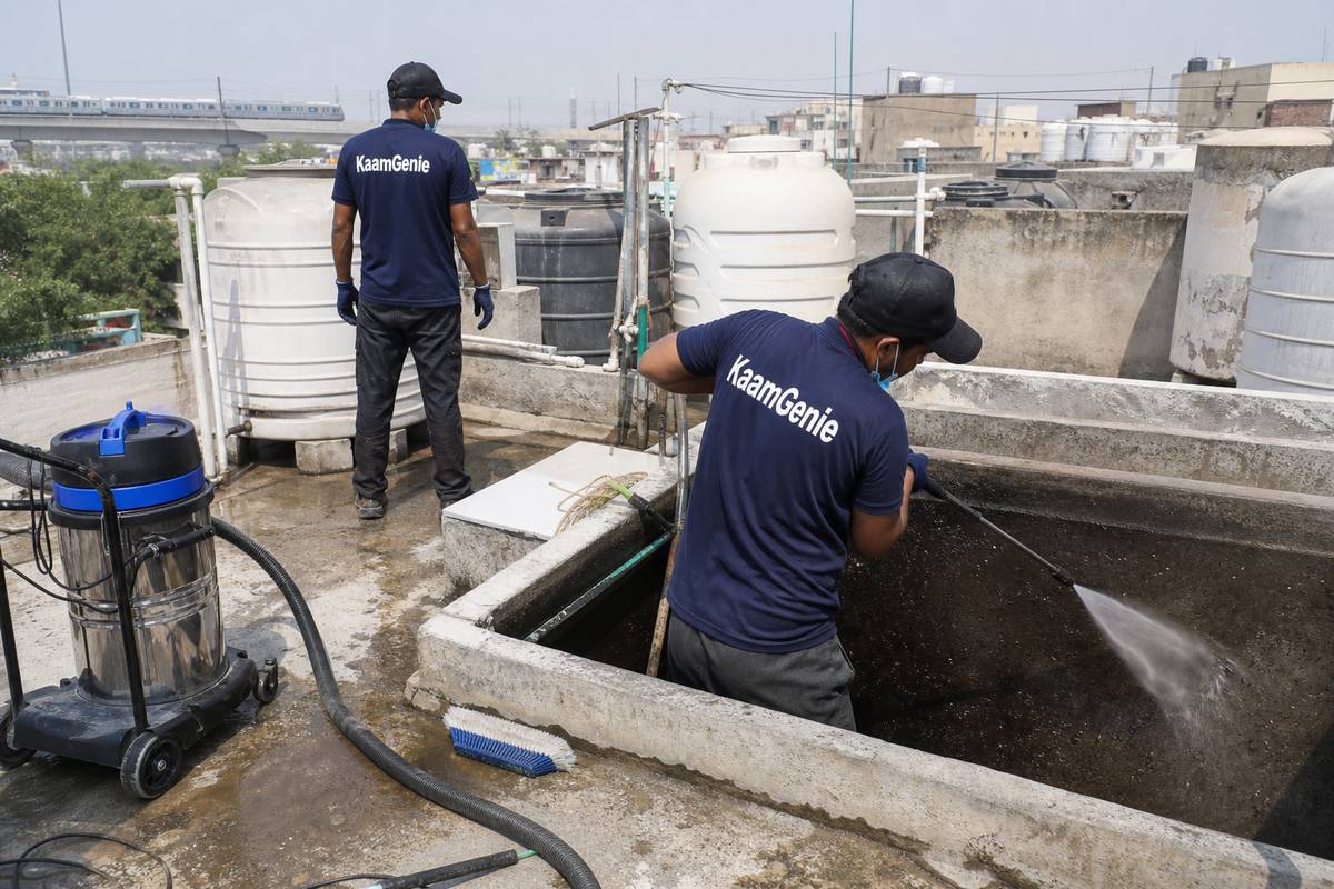KaamGenie crew cleaning a overhead (rooftop) tank in Rajouri Garden, Delhi
