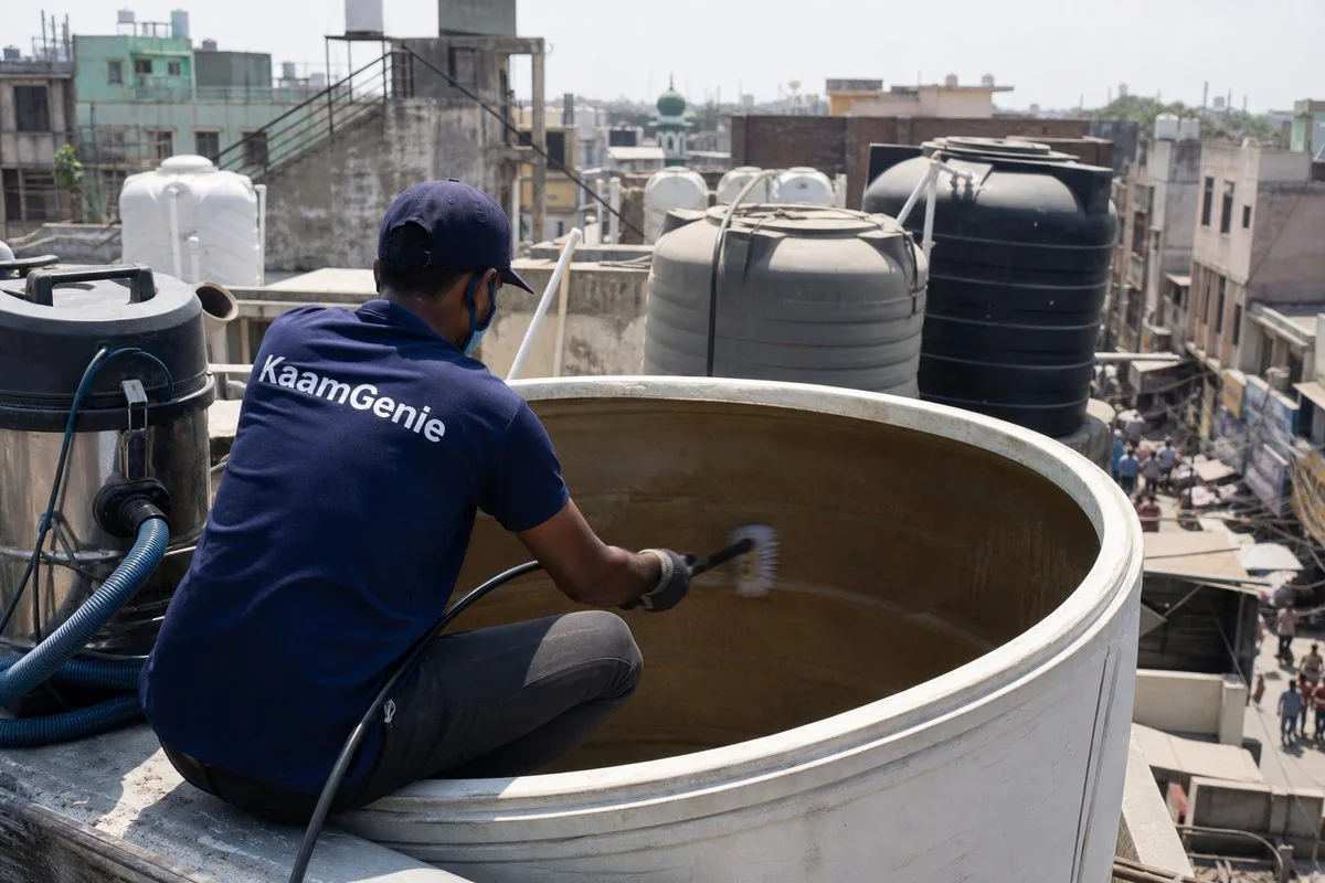 KaamGenie crew cleaning a overhead (rooftop) tank in Rani Bagh, Delhi