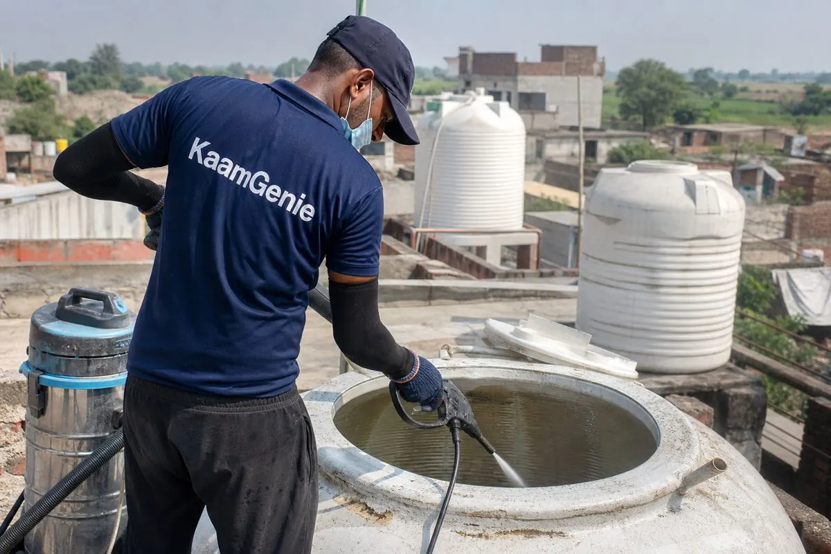KaamGenie crew cleaning a overhead (rooftop) tank in Sabhapur, Delhi