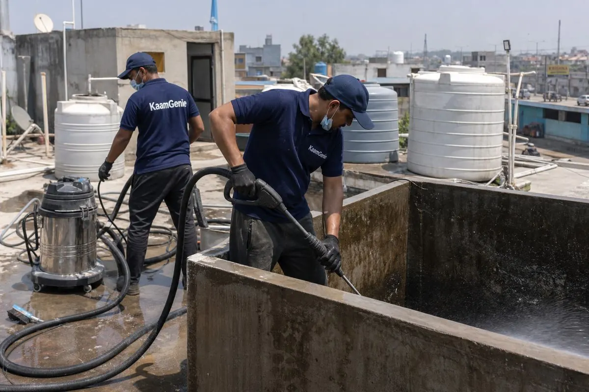 KaamGenie crew cleaning a overhead (rooftop) tank in Samaipur, Delhi