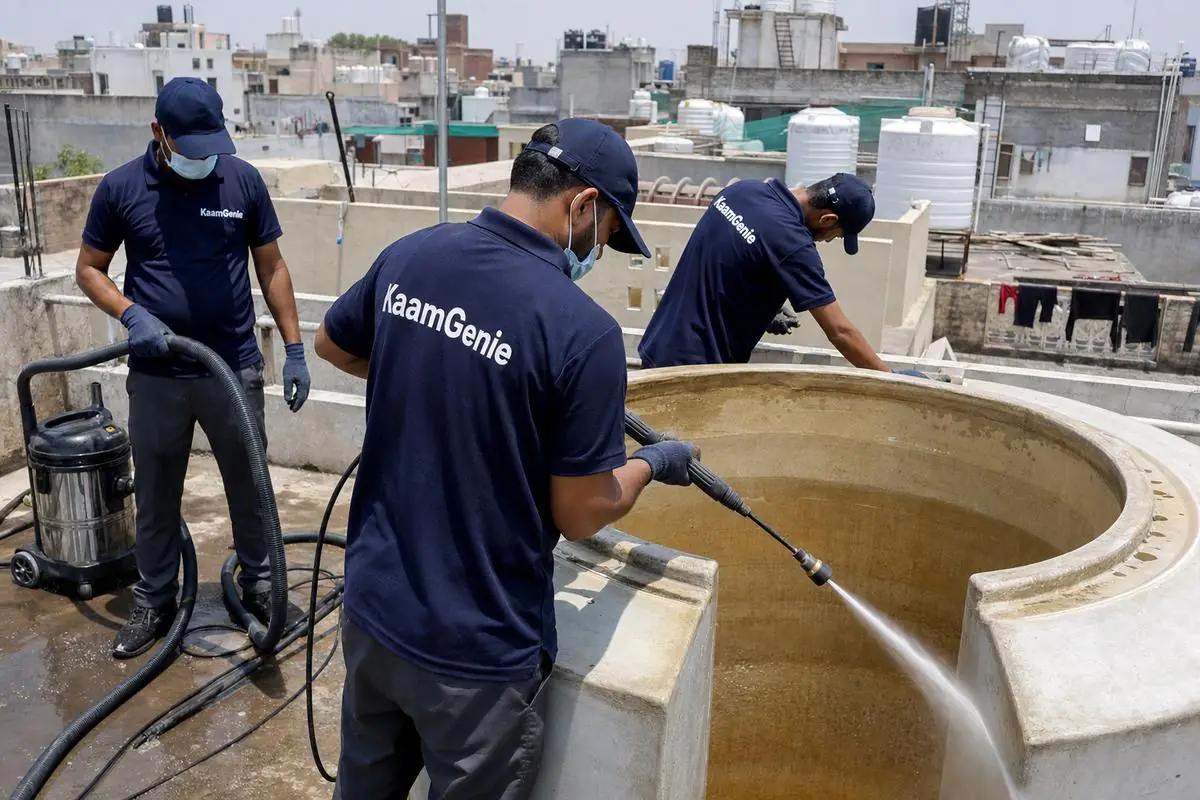 KaamGenie crew cleaning a overhead (rooftop) tank in Satbari, Delhi