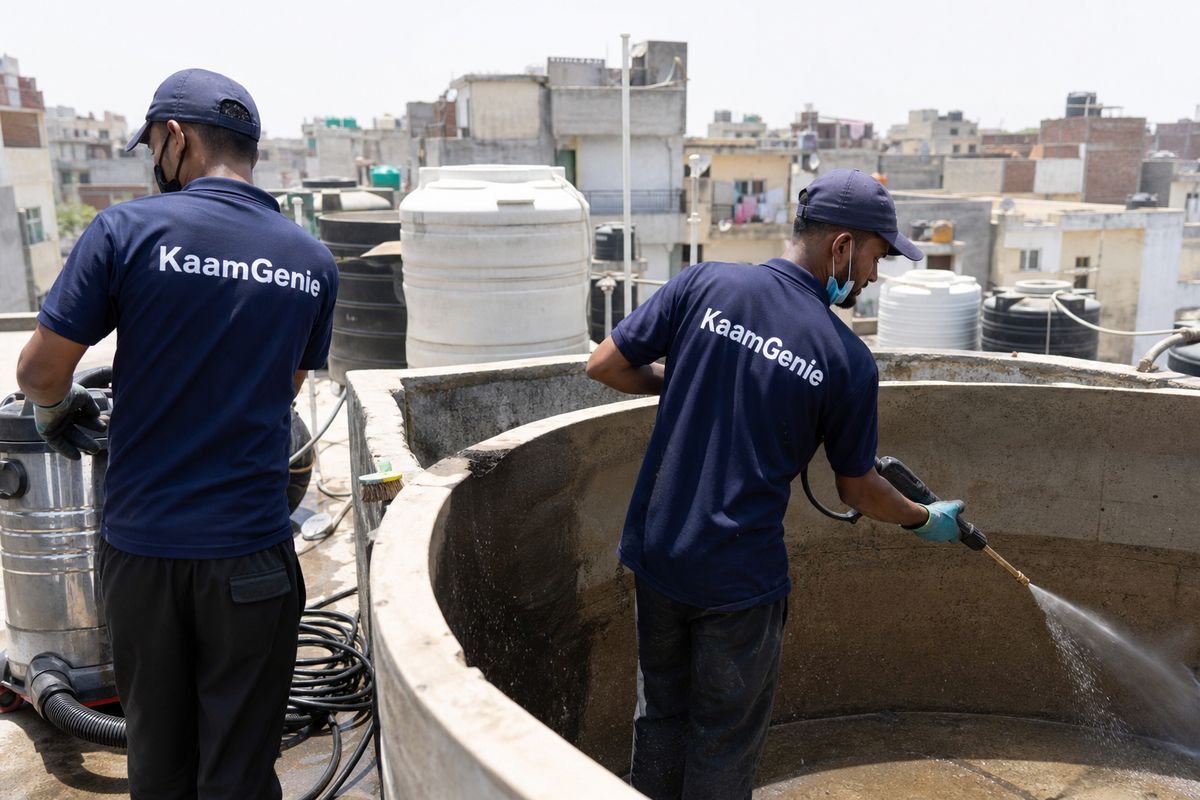 KaamGenie crew cleaning a overhead (rooftop) tank in Seemapuri, Delhi