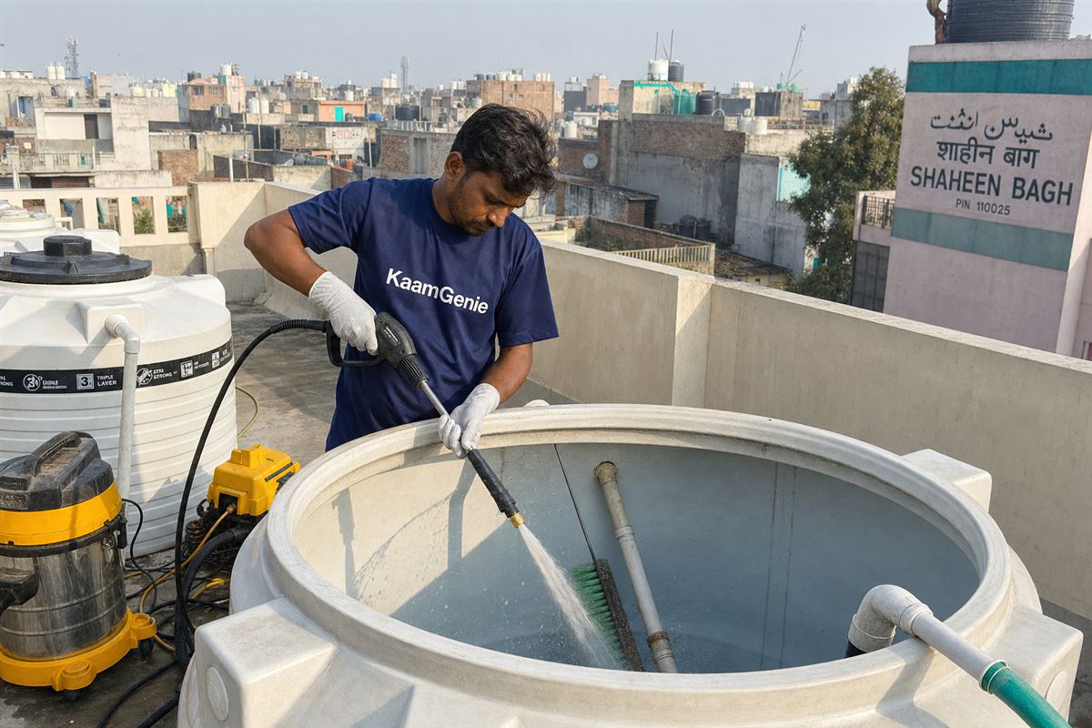 KaamGenie crew cleaning a overhead (rooftop) tank in Shaheen Bagh, Delhi