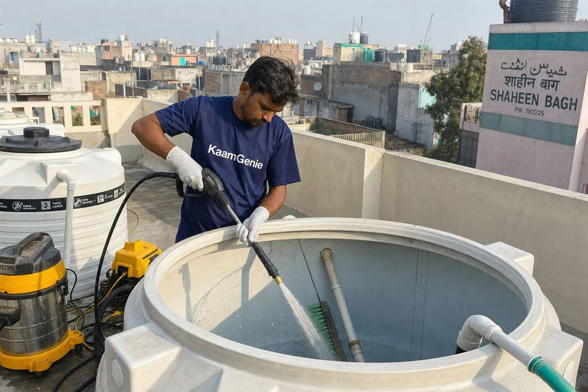 KaamGenie crew cleaning a overhead (rooftop) tank in Shaheen Bagh, Delhi