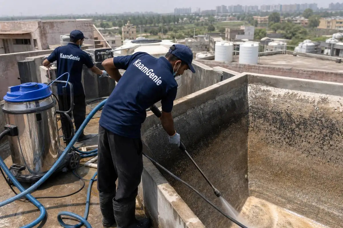 KaamGenie crew cleaning a overhead (rooftop) tank in Shalimar Bagh, Delhi
